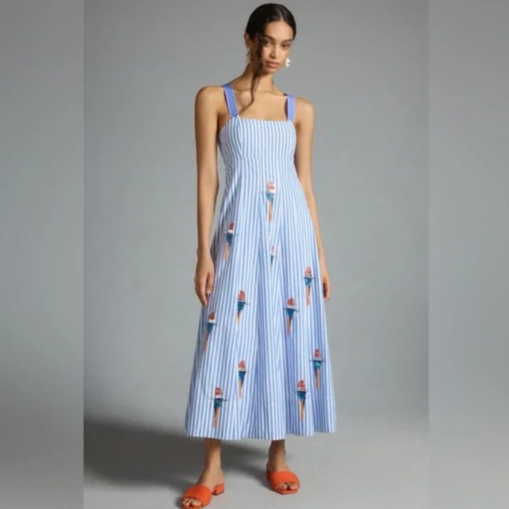 Maeve by Anthropologie Blue Striped Maxi Dress with Parrot Embroidery - Size 6